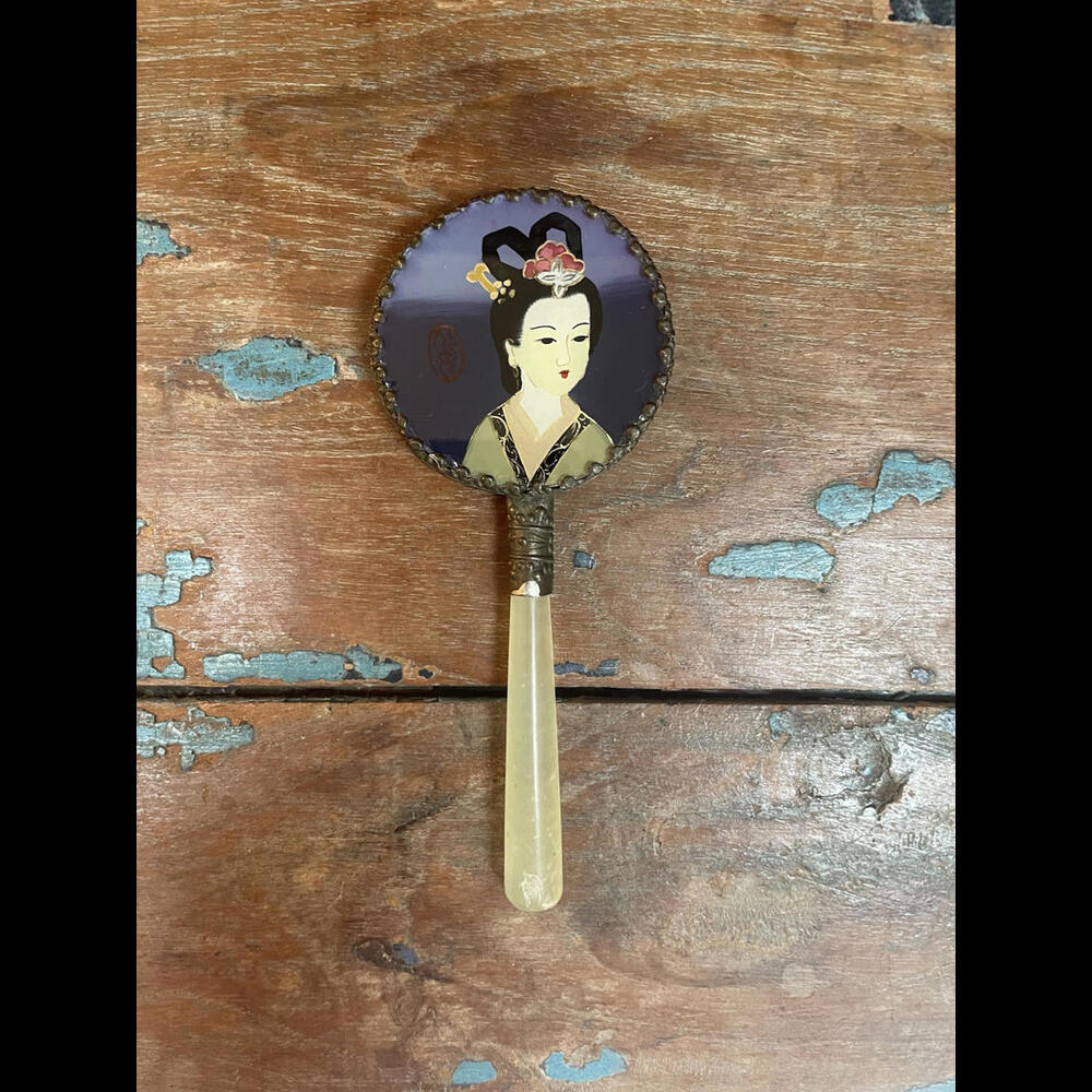 Vintage Chinese Woman Hand Mirror Jade Handle With Intricate Silver Metal Trim